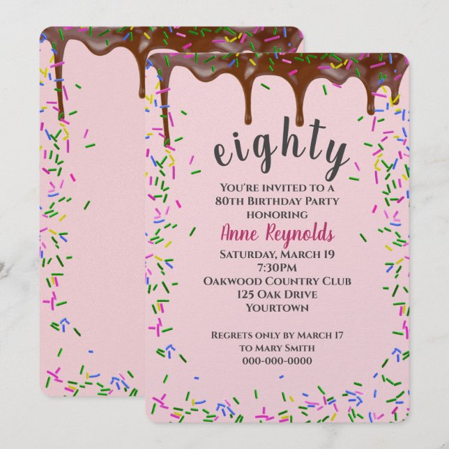 Invitación Glaseado de Chocolate con Purpurina para 80 Cumple (Anverso / Reverso)