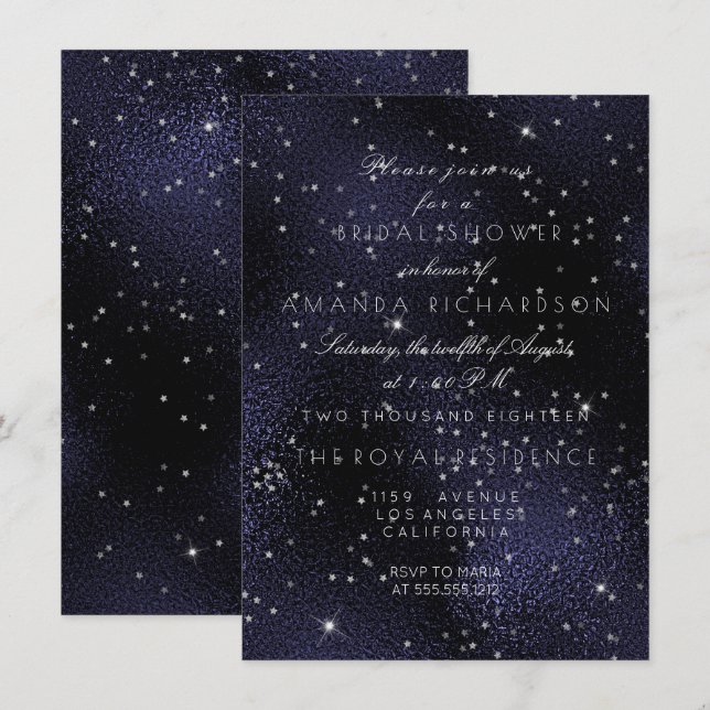 Invitación Glass Blue Navy Silver Stars Bridal Bachelorette (Anverso / Reverso)