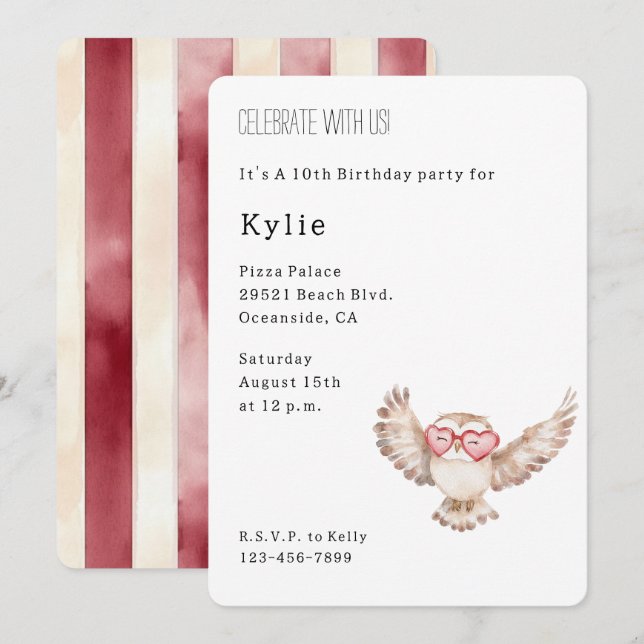 Invitación Glass Cute Owl Heart Glasses Cumpleaños (Anverso / Reverso)