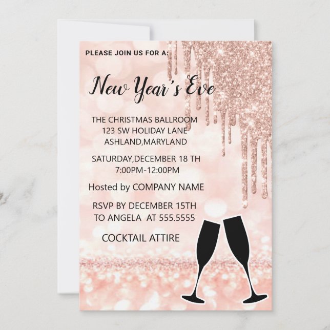 Invitación Glass de vino de Año Nuevo RoseGold, maravilloso,  (Anverso)