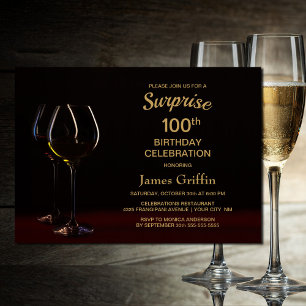 Invitación Glass de vino de cumpleaños 100 Black Gold Surpris