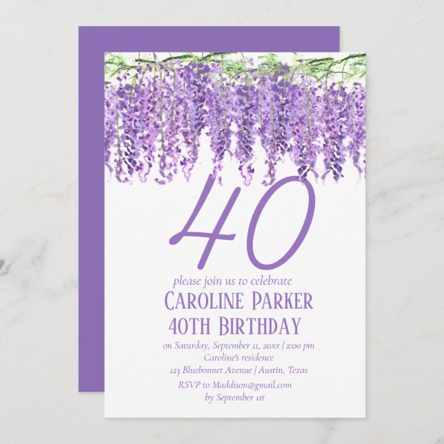 Invitación Glicina Cumpleaños 40 Floral Violeta Púrpura (Anverso / Reverso)