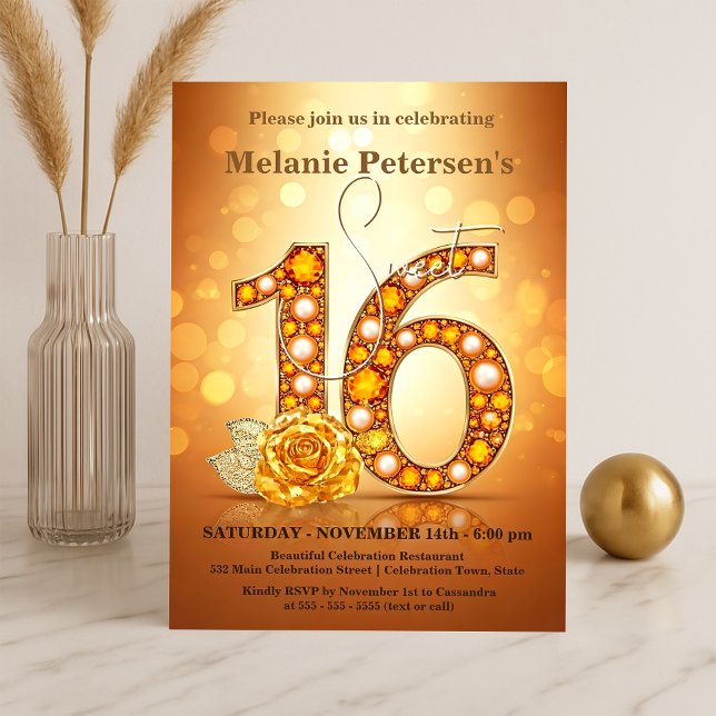 Invitación Glimmering Amber Gemstone Golden Rosa Sweet 16 (Subido por el creador)