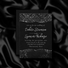 Invitación Glimmery Onyx Grunge | Silvery Black Glam Damask
