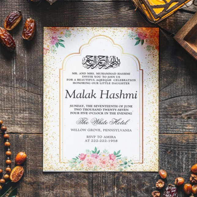 Invitación Gliter Floral Baby Islámico Aqiqa Aqeeqah moderno (Subido por el creador)