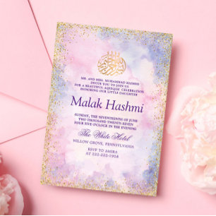 Invitación Gliter rosa morado simple Aqiqa Aqeeqah