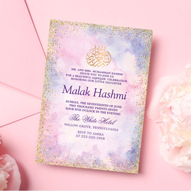 Invitación Gliter rosa morado simple Aqiqa Aqeeqah (Subido por el creador)