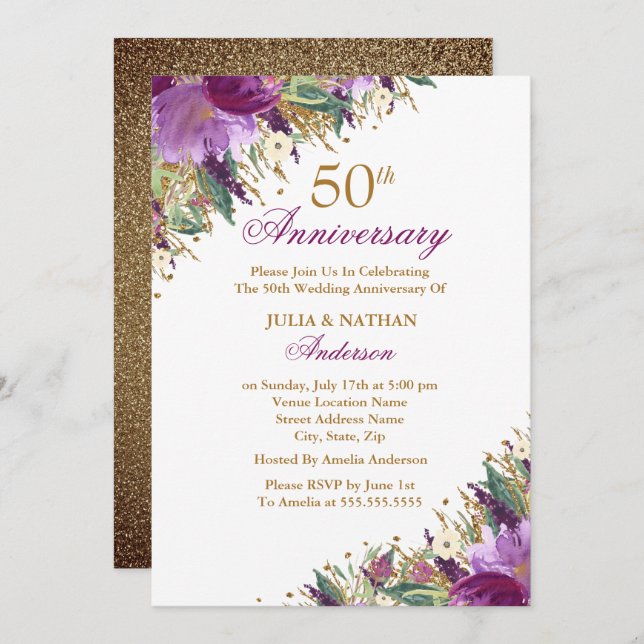 Invitación Glitter amatista morado floral 50 aniversario (Anverso / Reverso)