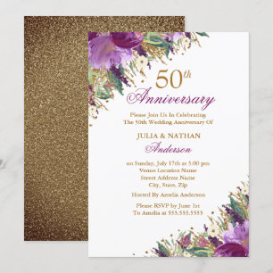 Invitación Glitter Amatista Morado Floral 50 Aniversario