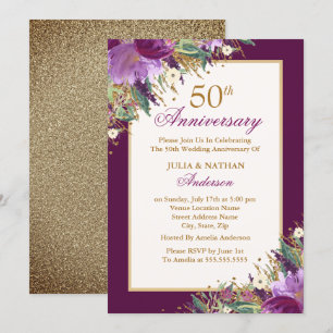 Invitación Glitter Amethyst Púrpura Floral 50 Aniversario