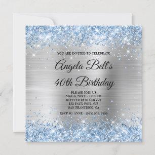 Invitación Glitter Azul Claro Monograma de Lámina Plateada Br