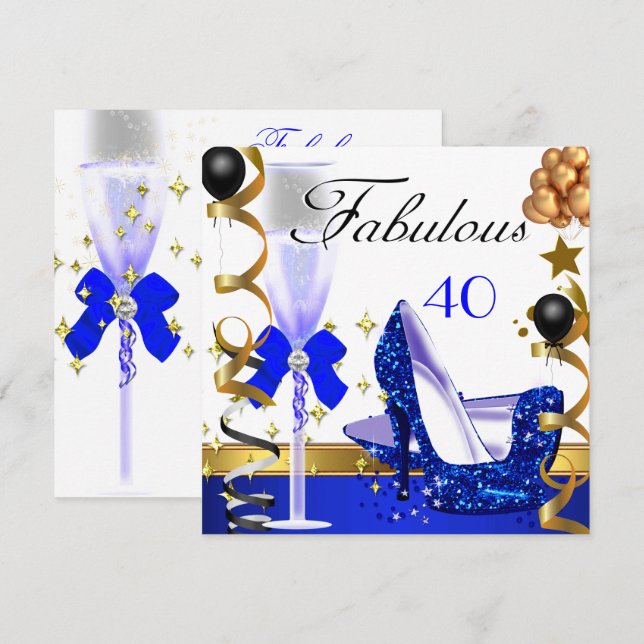 Invitación Glitter Azul Oro 40 Cumpleaños 40º Fiesta Fabulosa (Anverso / Reverso)