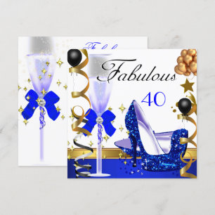 Invitación Glitter Azul Oro 40 Cumpleaños 40º Fiesta Fabulosa