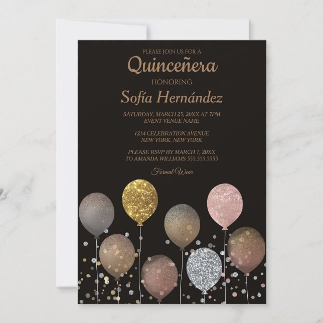 Invitación Glitter Balloon Quinceañera (Anverso)