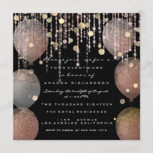 Invitación Glitter Balloon Rosa Dorado  Boda Dulces 16 Negros