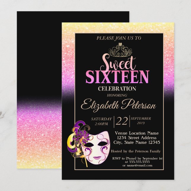 Invitación Glitter Bokeh, Tiara, Fiesta Dulces 16 Cumpleaños  (Anverso / Reverso)