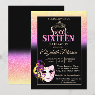 Invitación Glitter Bokeh, Tiara, Fiesta Dulces 16 Cumpleaños