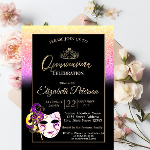 Invitación Glitter Bokeh, Tiara, Masquerade Quinceañera