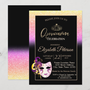 Invitación Glitter Bokeh, Tiara, Masquerade Quinceañera