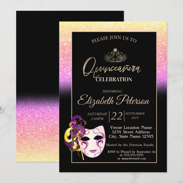 Invitación Glitter Bokeh, Tiara, Masquerade Quinceañera (Anverso / Reverso)