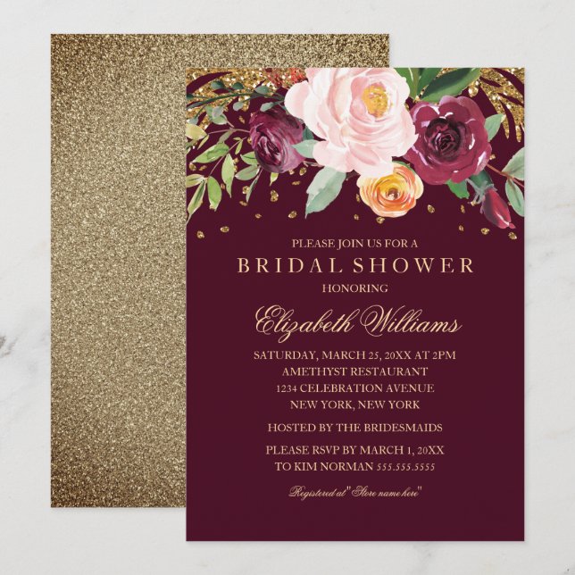 Invitación Glitter Botánico Dorado Borgoña Despedida de Solte (Anverso / Reverso)
