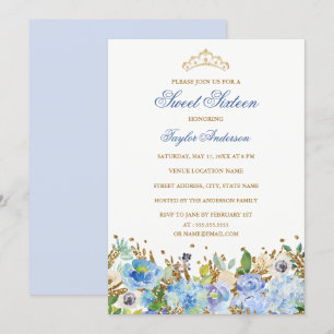 Invitación Glitter Brillante Azul Floral Sweet Six