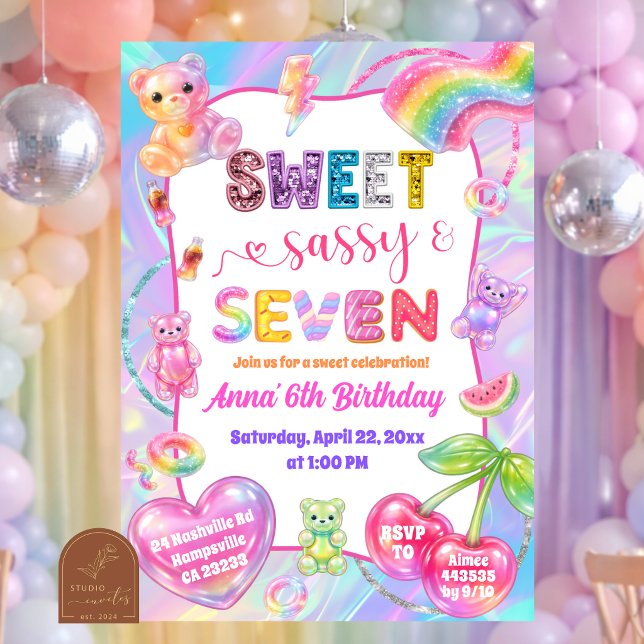 Invitación Glitter Colorido Arcoíris Dulce Sasy y Siete (Subido por el creador)
