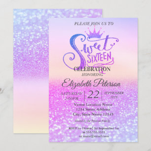 Invitación Glitter Colorido Bokeh Ombre, Tiara Sweet 16 Fiest