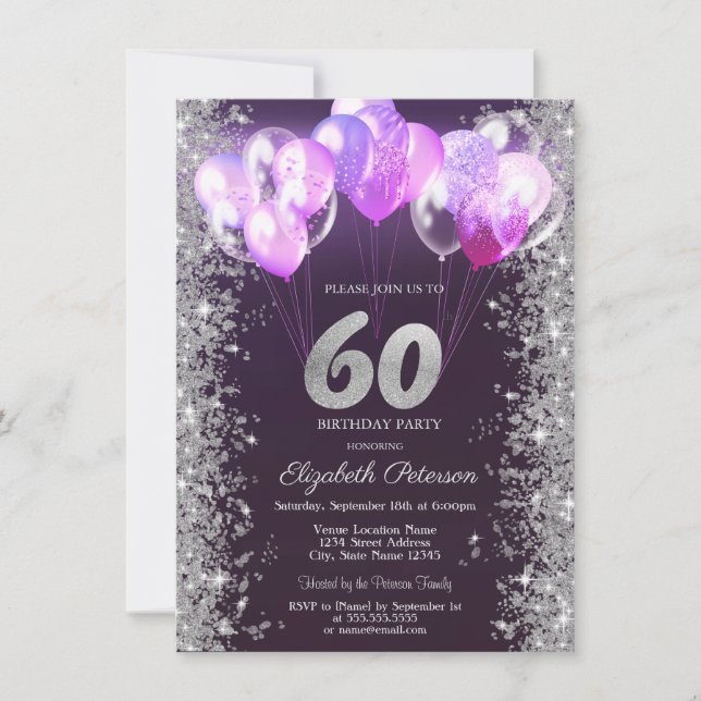 Invitación Glitter Confetti Balloons Morados Cumpleaños 60 (Anverso)