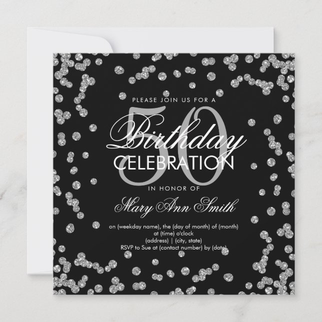 Invitación Glitter Confetti Cumpleaños 50 Negro Plateado (Anverso)