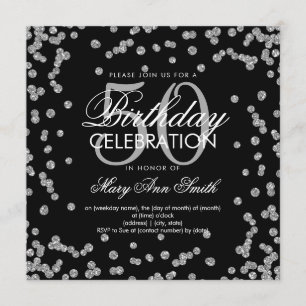 Invitación Glitter Confetti Cumpleaños 50 Negro Plateado