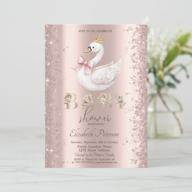 Invitación Glitter Confetti Floral Swan Bow Baby Shower (Anverso de pie)