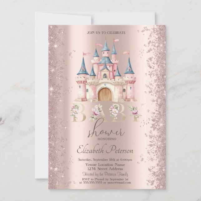 Invitación Glitter Confetti Frame Chic Castle Baby Shower (Anverso)