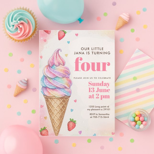 Invitación Glitter Cumpleaños Cono de Helado Arcoíris (Subido por el creador)