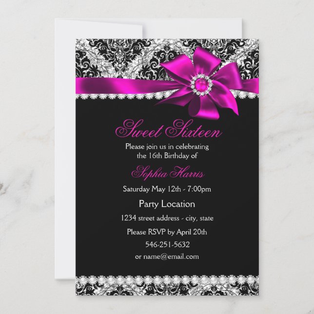 Invitación Glitter Damask & Lazo de Joyas Rosadas  (Anverso)