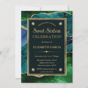 Invitación Glitter de Ágata Verde Teal y Dorado Cumpleaños Di