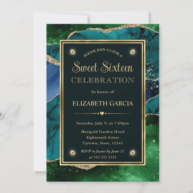 Invitación Glitter de Ágata Verde Teal y Dorado Cumpleaños Di (Anverso)