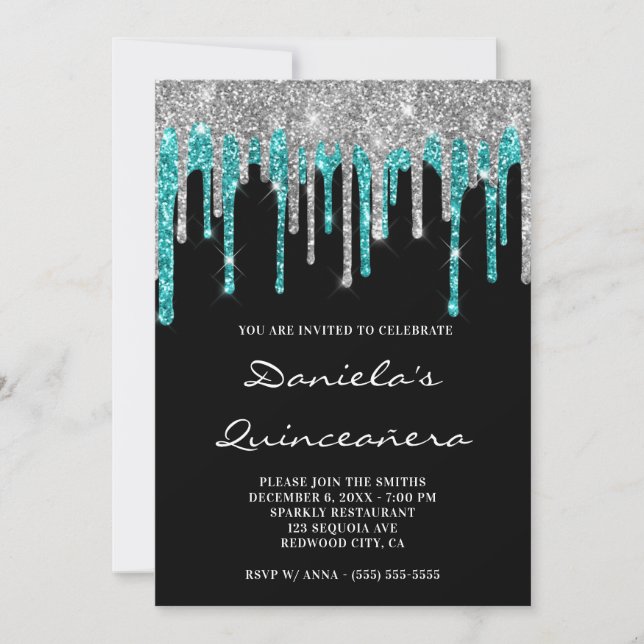Invitación Glitter de cianuro de plata que gotea Quinceañera  (Anverso)
