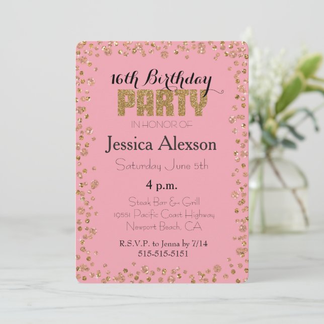 Invitación Glitter de Confeti de Oro Rosa Cumpleaños 16 (Anverso de pie)