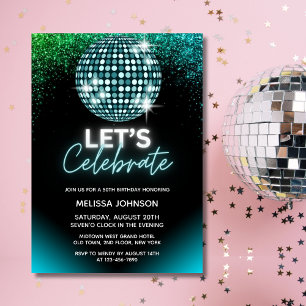 Invitación Glitter de Disco Turquesa Celebremos Cumpleaños
