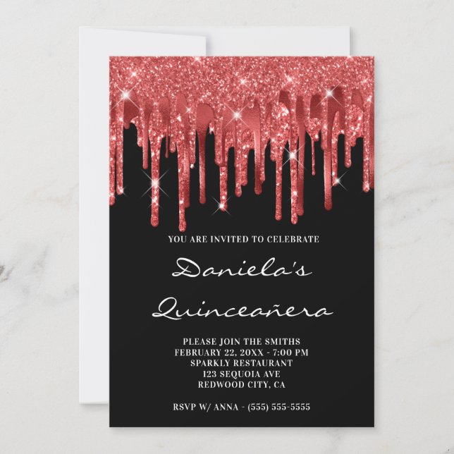 Invitación Glitter de Foil Rojo Oscuro que Cae en Quinceañera (Anverso)