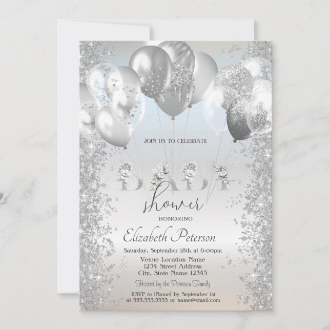 Invitación Glitter de globos confeti plateado baby shower (Anverso)