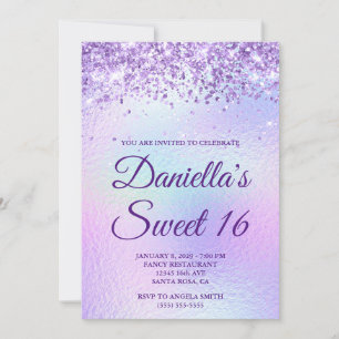 Invitación Glitter de lavanda iridiscente lámina Sweet 16