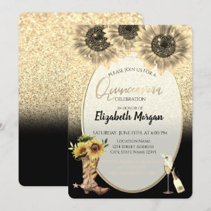 Invitación Glitter de oro, girasoles, Quinceañera de vidrio