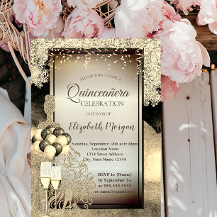 Invitación Glitter de Oro,Globos,Tacones Quinceañera