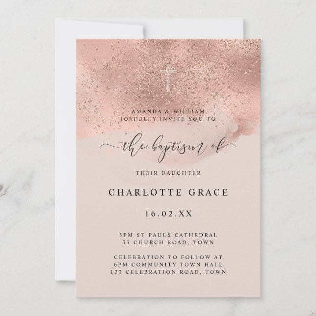 Invitación Glitter de oro rosa Escritura Bautizo (Anverso)