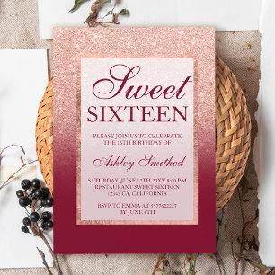 Invitación Glitter de oro rosa falso ombre burgundy Sweet 16