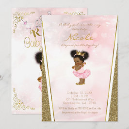 Invitación Glitter de Oro Rosa Princesa Vintage Bebé Niña Neg