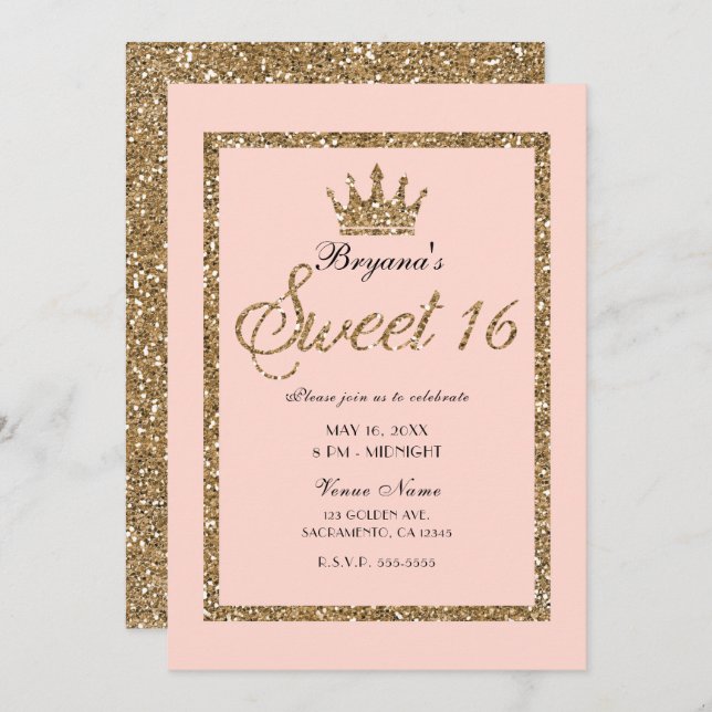 Invitación Glitter de oro rosado espumoso dulce 16 Princesa C (Anverso / Reverso)