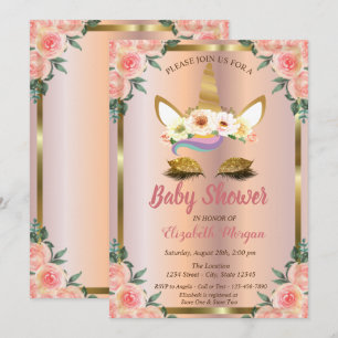 Invitación Glitter de Oro Unicornio Floral Rosa Dorado Baby S